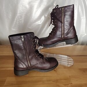 Brash Burgundy Moto Combat Boots Women 7.5 Faux Leather Lace & Zip Edgy Grunge